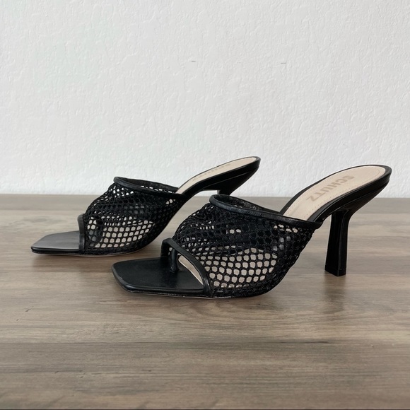 𝅺schutz Siliene Black Leather Thong Mule Sandals w Mesh Trim - Picture 2 of 7